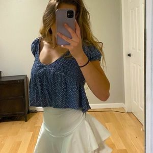 Brandy puff sleeve scrunch neck crop top with gathered ruffles.